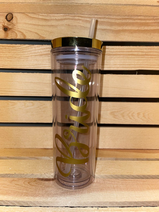 Bride/Gold Skinny Acrylic Tumbler with Lid and Straw | 18oz Premium Insulated Double Wall Plastic Reusable Cup