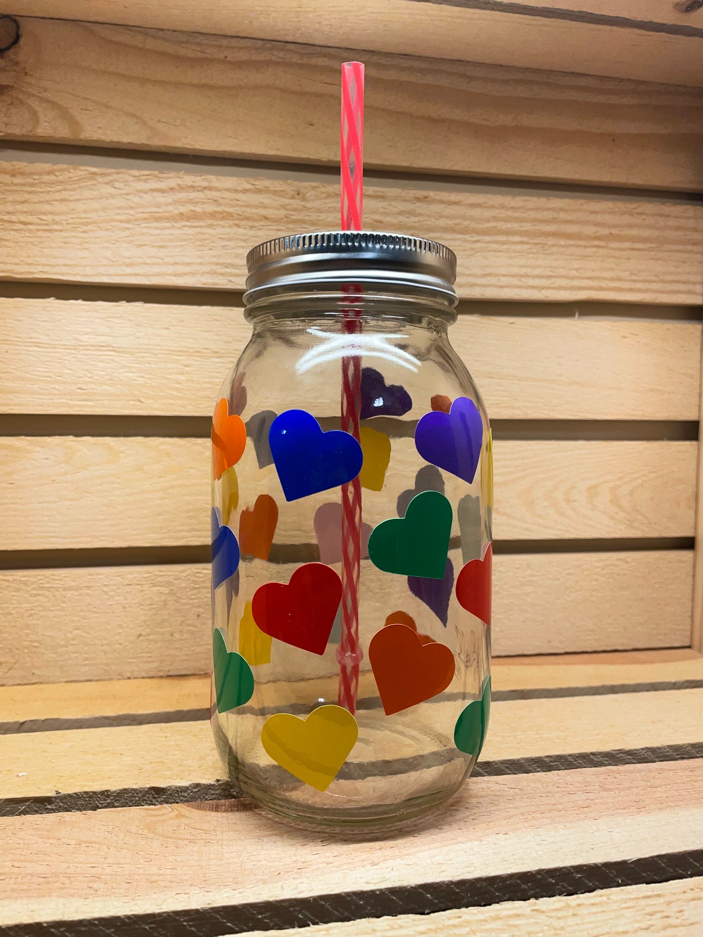 Rainbow Hearts Mason Jar Cup