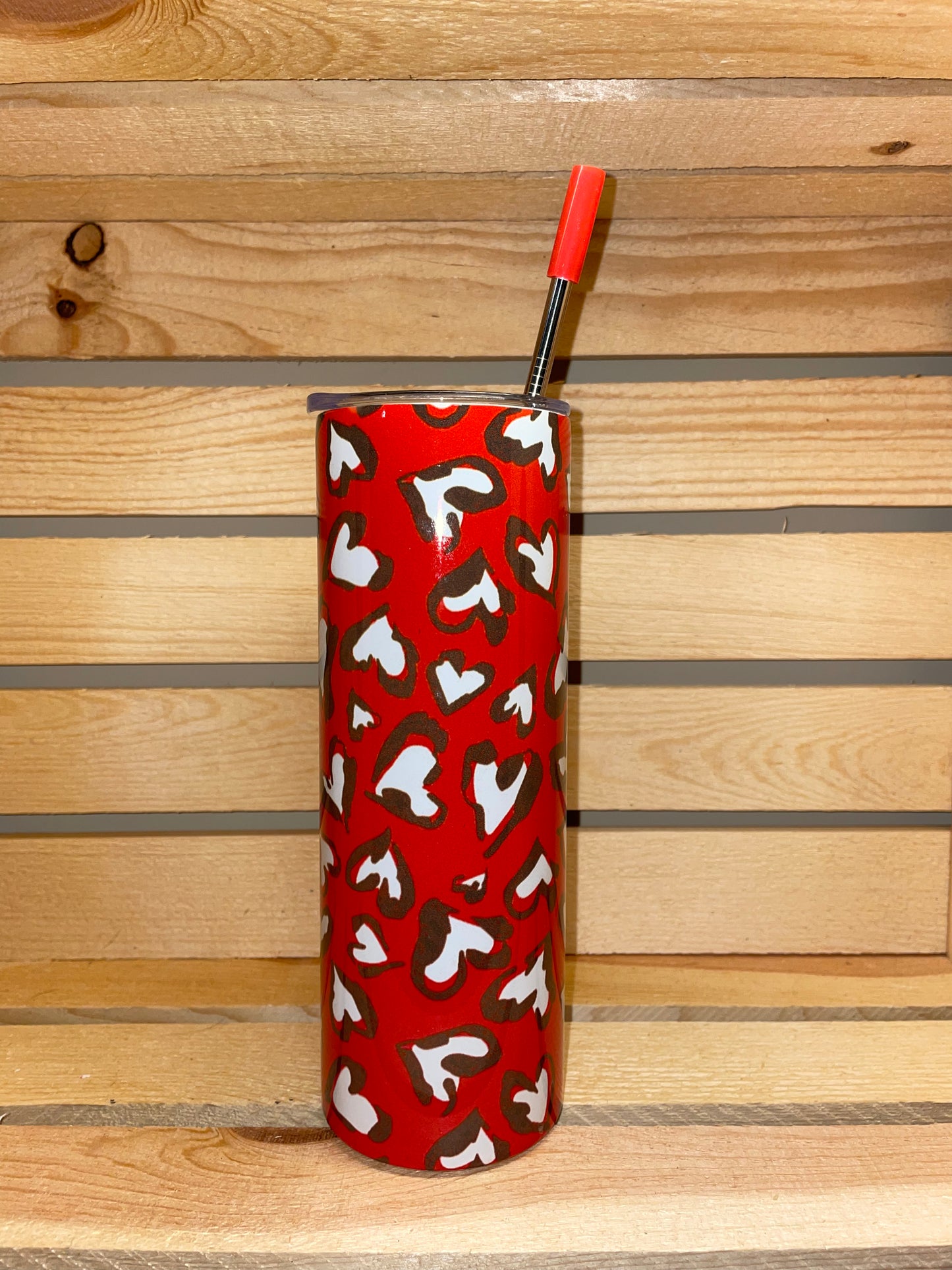 Red Heart Cheetah Stainless Steel Tumbler 20oz with Lid and Straw